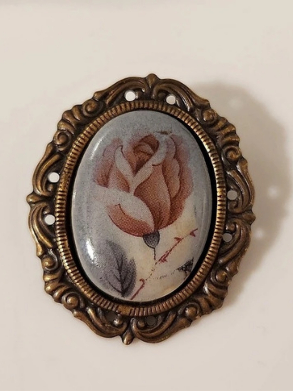 Vintage Victorian Style Transfer Rose Brooch In Gold Brass Tone Filigree Setting